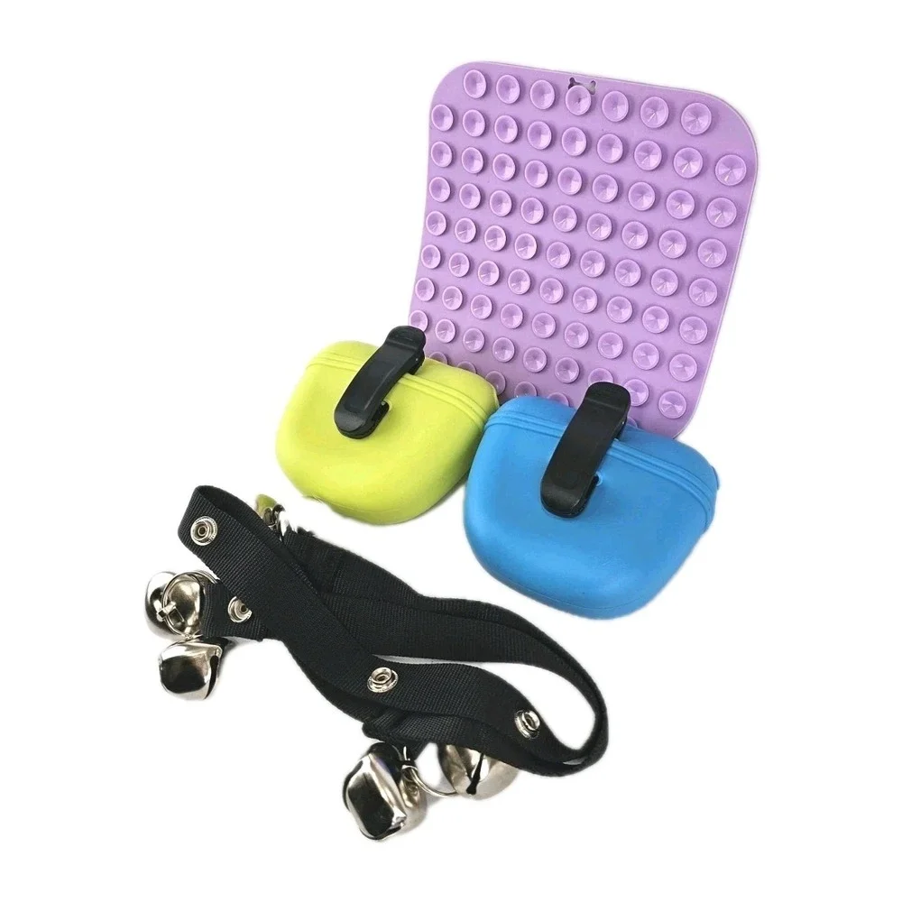 Pet Set of 4 Silicone Dog Treat Pouch Door Training Bells Food Toy Suction Cups